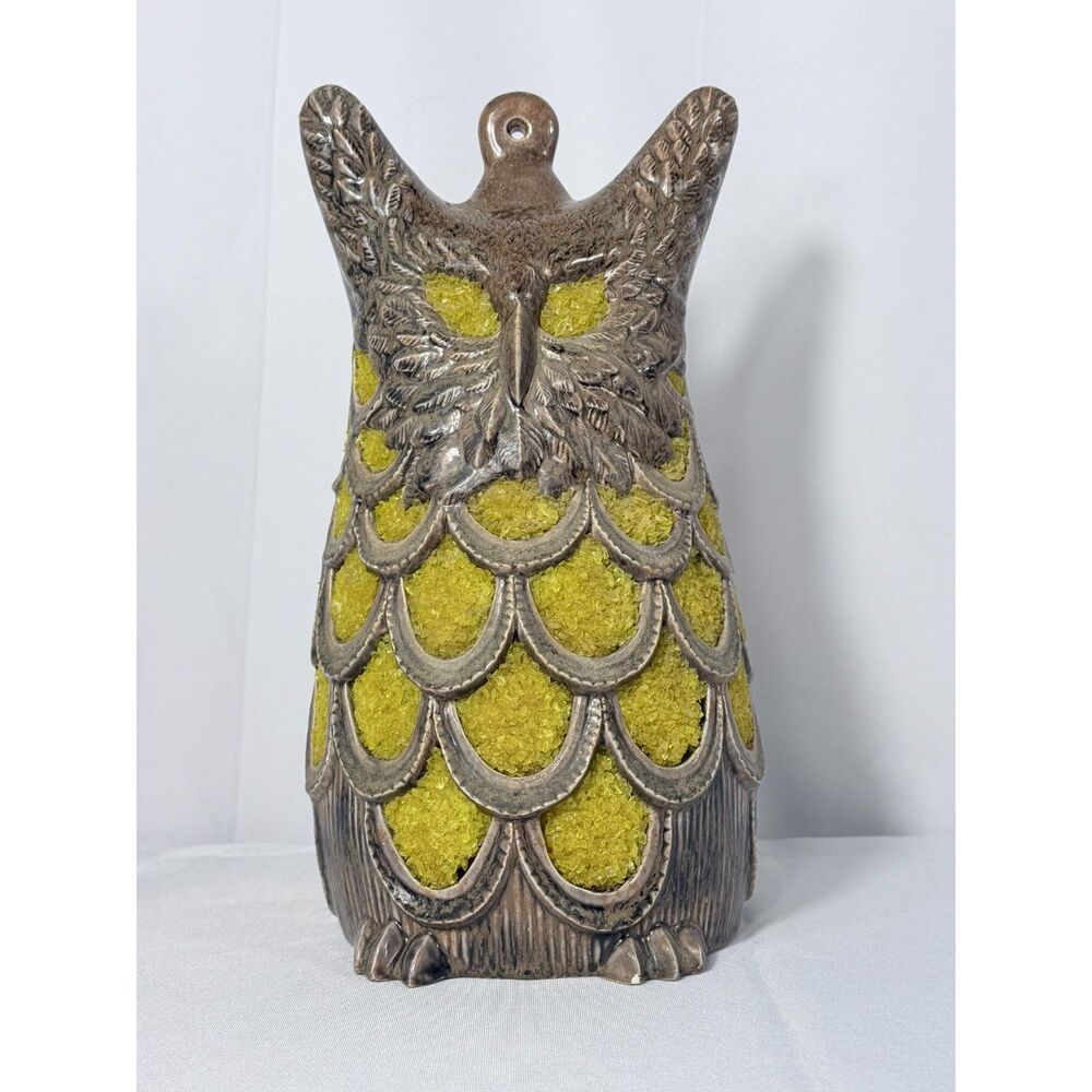 Vtg Large Owl Lantern Yellow 1970s Kitschy Beaded Crystal Hanging Silver 11"